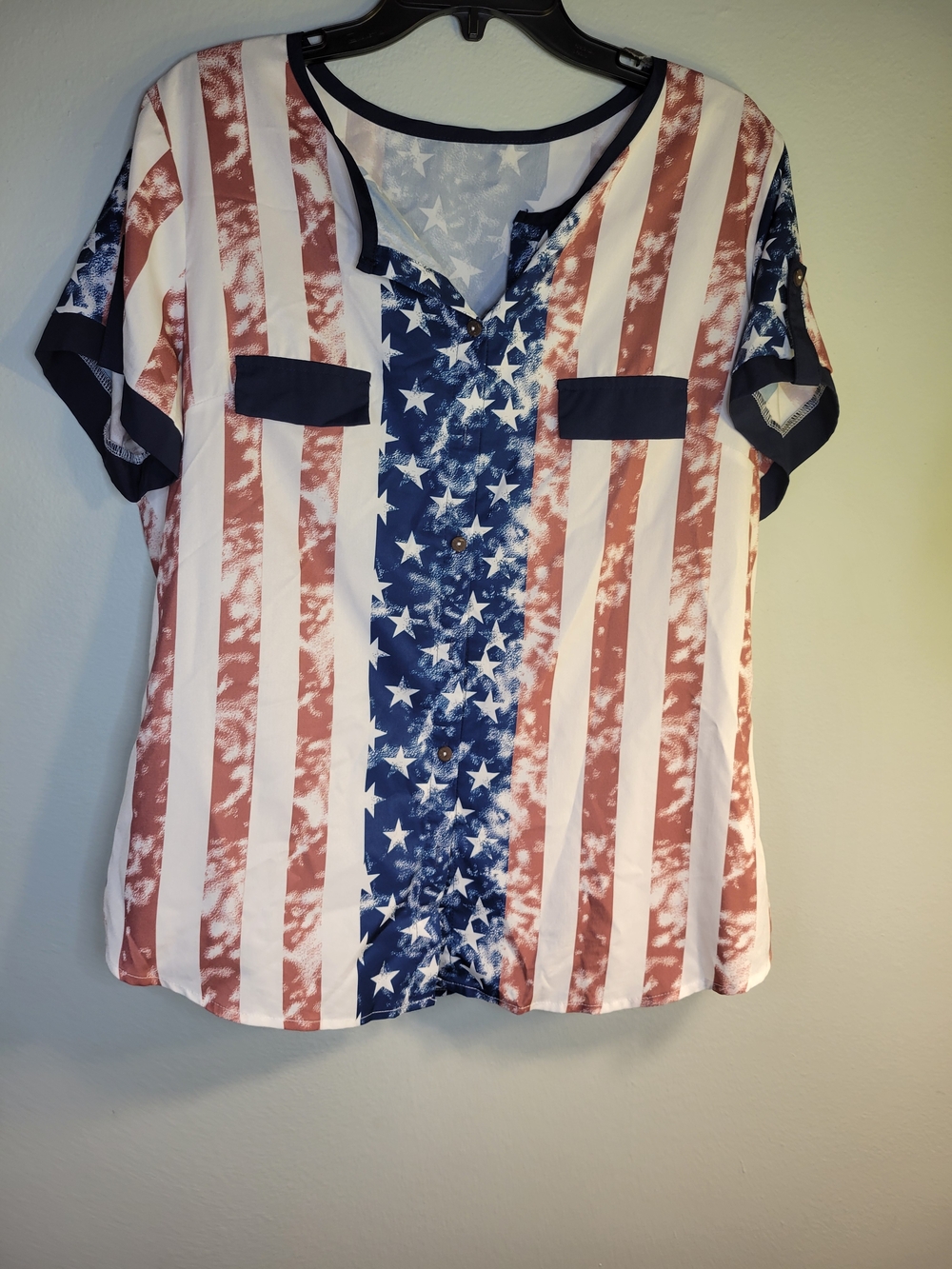 Women's American Flag Print Short Sleeve Blouse - Blue & Red